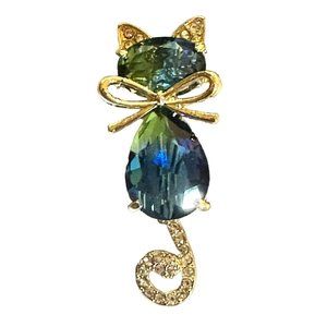 Women's Cat Brooch Blue Green Rhinestones and Clear Crystals Gold Tone